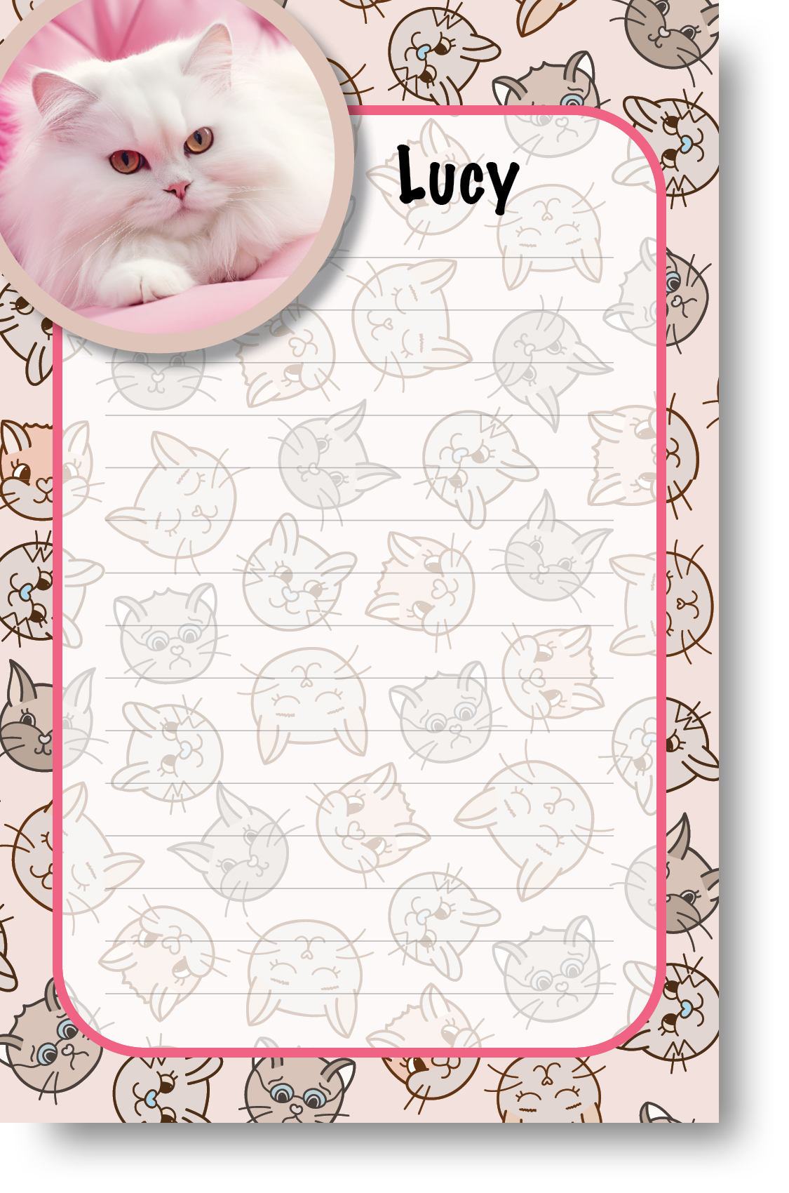 A colorful notepad with a pet themed border and background and picture of a pet displayed in the upper left-hand corner next to a pet's name.